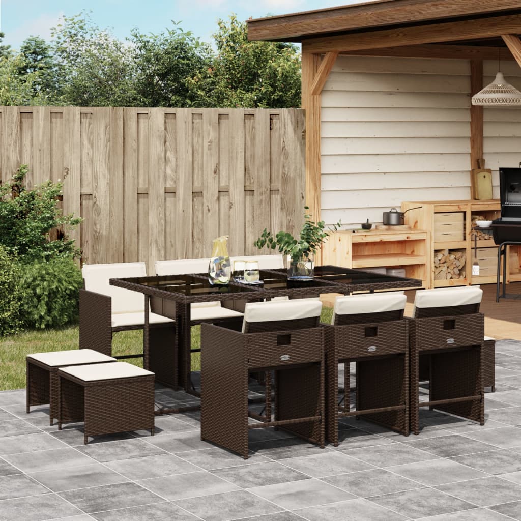 11-tlg. Garten-Essgruppe mit Kissen Braun Poly Rattan