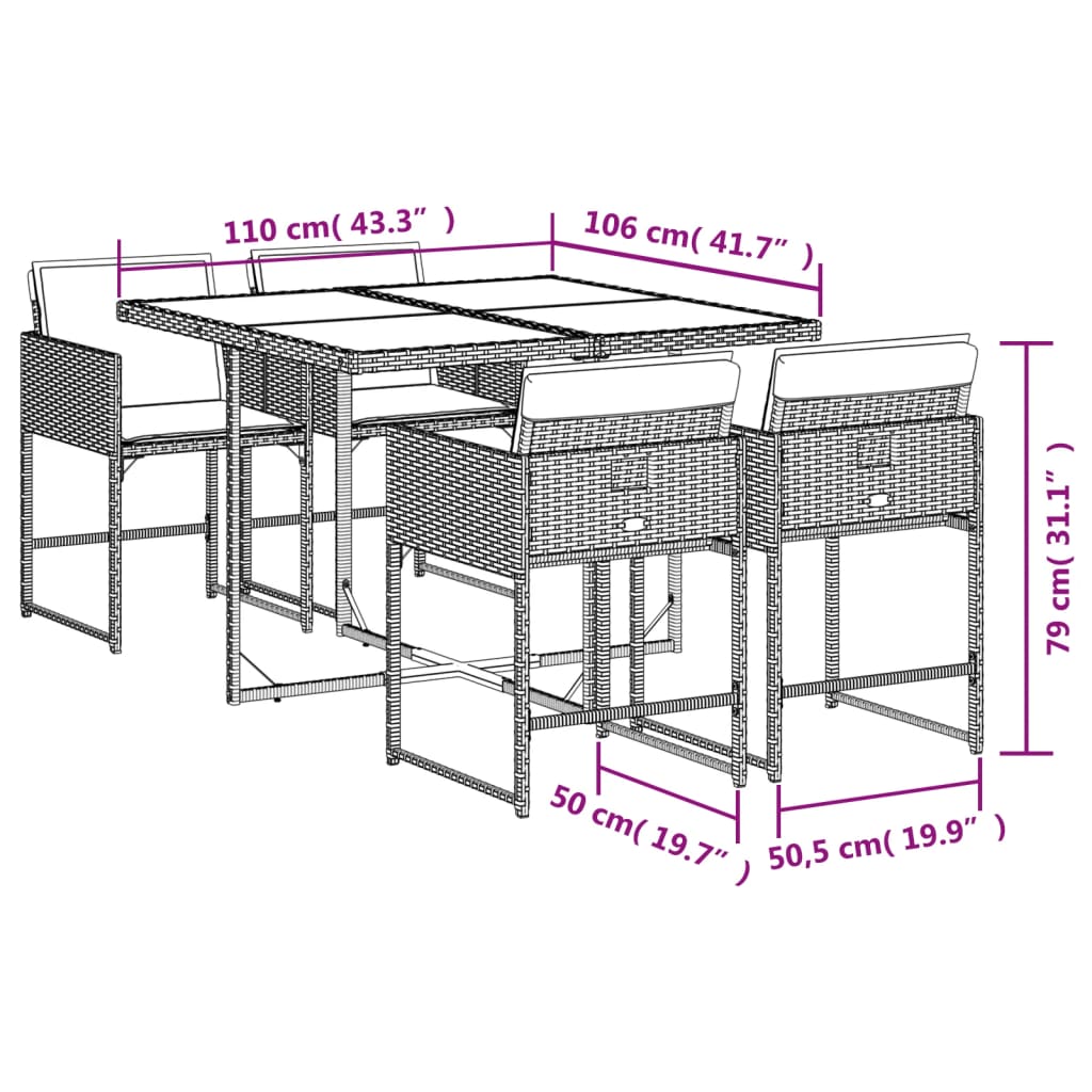 5-tlg. Garten-Essgruppe mit Kissen Braun Poly Rattan