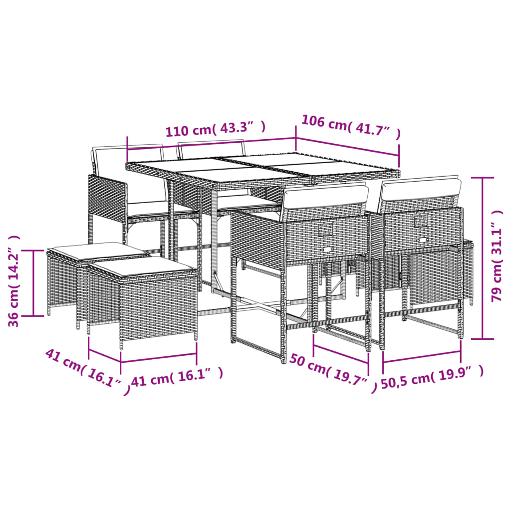 9-tlg. Garten-Essgruppe mit Kissen Braun Poly Rattan