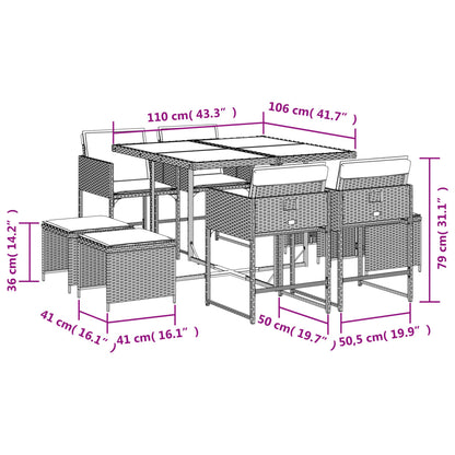 9-tlg. Garten-Essgruppe mit Kissen Braun Poly Rattan