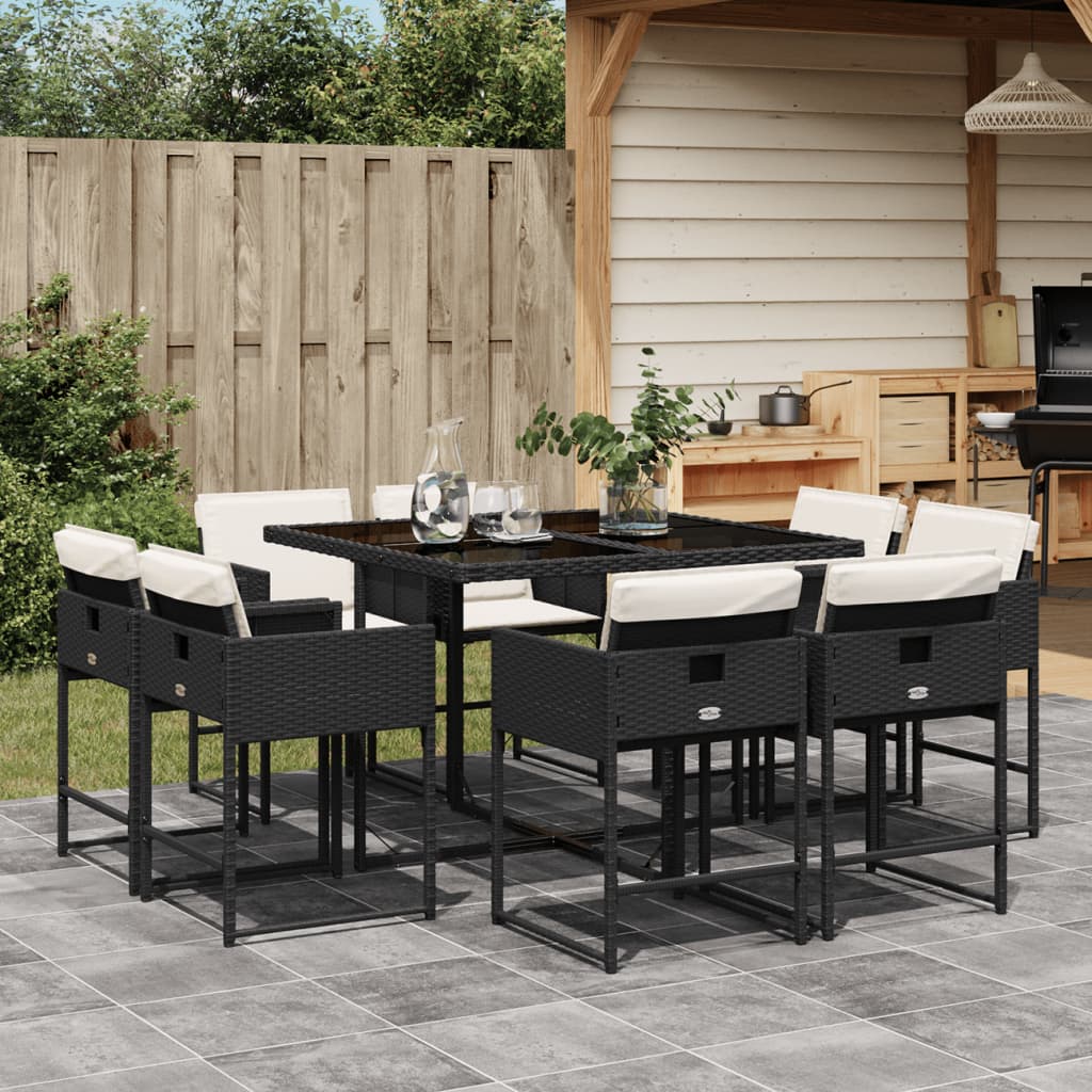 9-tlg. Garten-Essgruppe mit Kissen Schwarz Poly Rattan