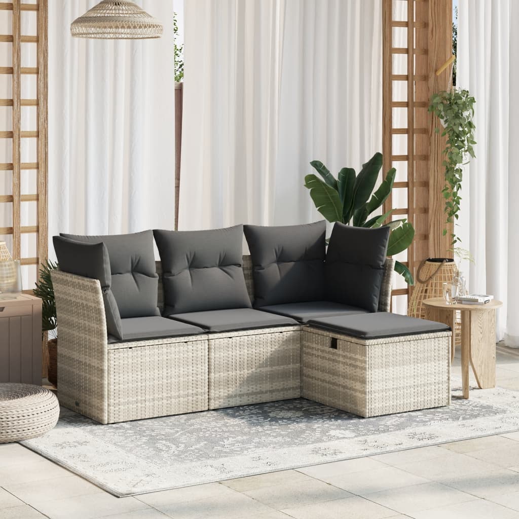 4-tlg. Garten-Sofagarnitur mit Kissen Hellgrau Poly Rattan