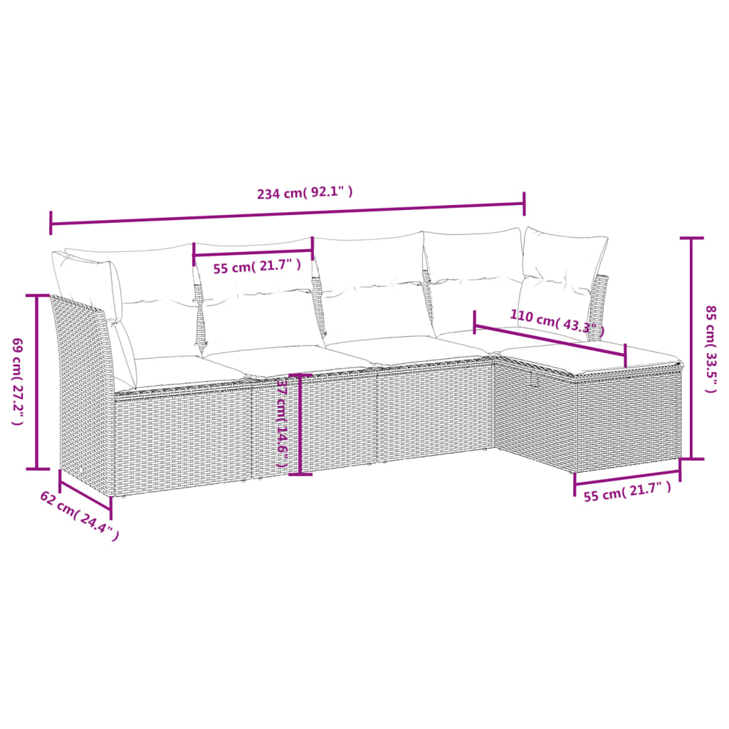 5-tlg. Garten-Sofagarnitur mit Kissen Hellgrau Poly Rattan