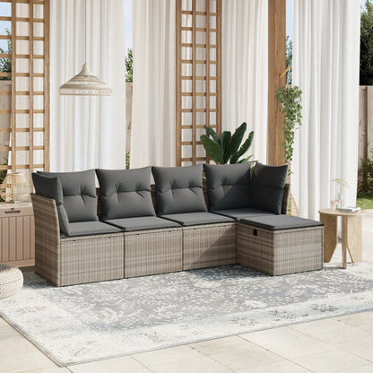 5-tlg. Garten-Sofagarnitur mit Kissen Hellgrau Poly Rattan