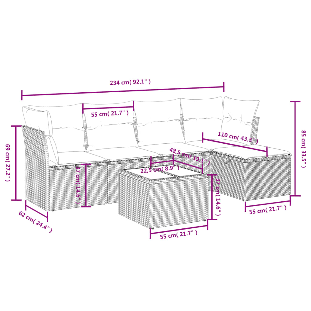 6-tlg. Garten-Sofagarnitur mit Kissen Hellgrau Poly Rattan