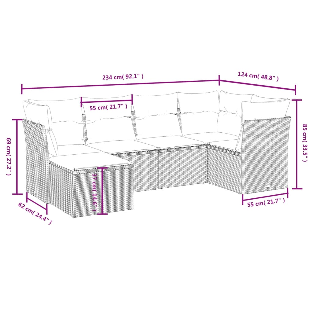 6-tlg. Garten-Sofagarnitur mit Kissen Hellgrau Poly Rattan