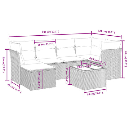 7-tlg. Garten-Sofagarnitur mit Kissen Hellgrau Poly Rattan