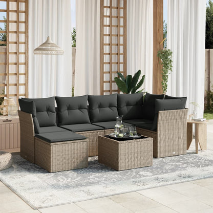 7-tlg. Garten-Sofagarnitur mit Kissen Hellgrau Poly Rattan