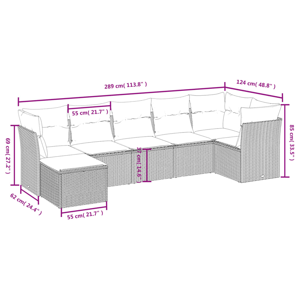 7-tlg. Garten-Sofagarnitur mit Kissen Hellgrau Poly Rattan