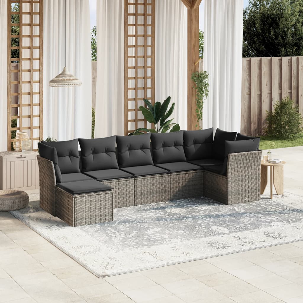 7-tlg. Garten-Sofagarnitur mit Kissen Hellgrau Poly Rattan