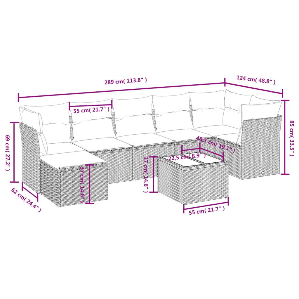 8-tlg. Garten-Sofagarnitur mit Kissen Hellgrau Poly Rattan