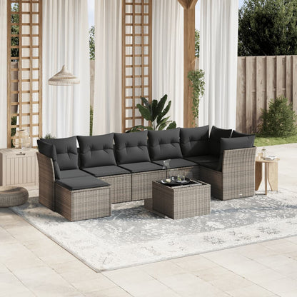 8-tlg. Garten-Sofagarnitur mit Kissen Hellgrau Poly Rattan