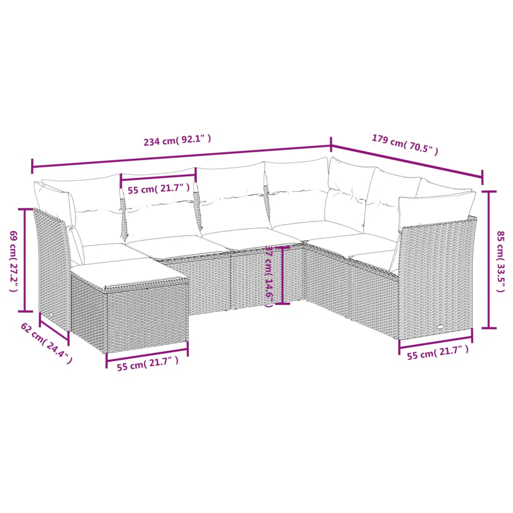 7-tlg. Garten-Sofagarnitur mit Kissen Hellgrau Poly Rattan