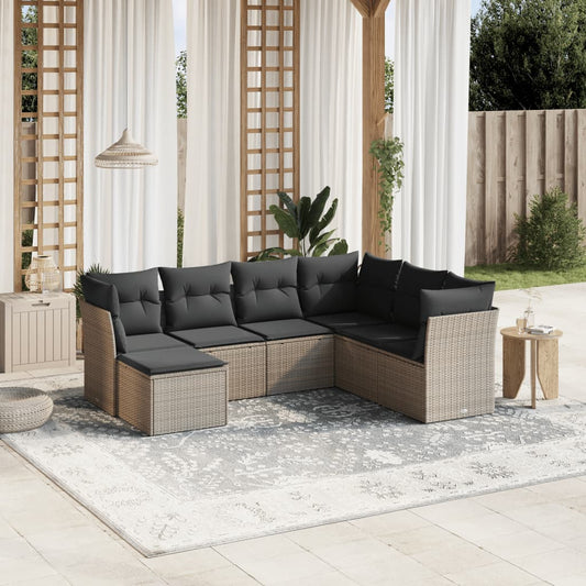 7-tlg. Garten-Sofagarnitur mit Kissen Hellgrau Poly Rattan