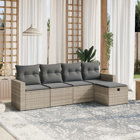 5-tlg. Garten-Sofagarnitur mit Kissen Hellgrau Poly Rattan