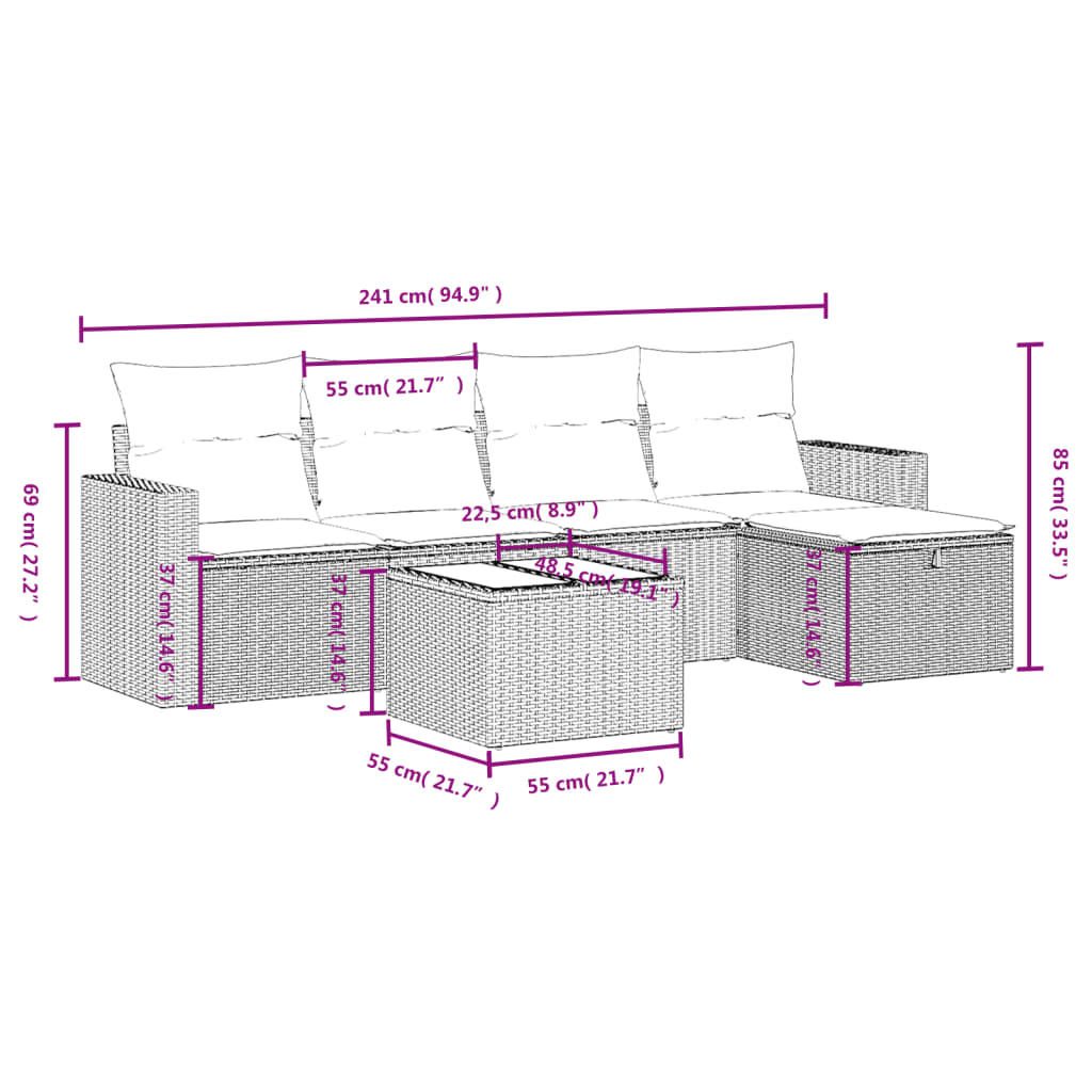 6-tlg. Garten-Sofagarnitur mit Kissen Hellgrau Poly Rattan