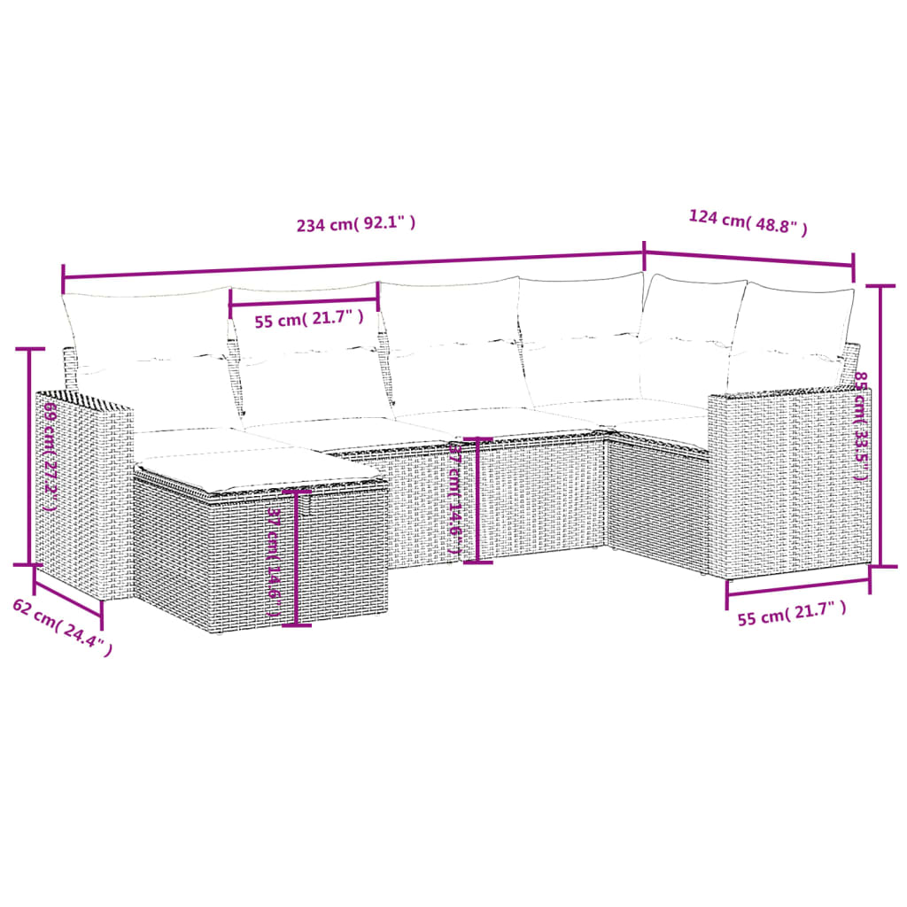 6-tlg. Garten-Sofagarnitur mit Kissen Hellgrau Poly Rattan