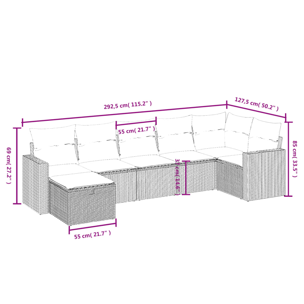 7-tlg. Garten-Sofagarnitur mit Kissen Hellgrau Poly Rattan