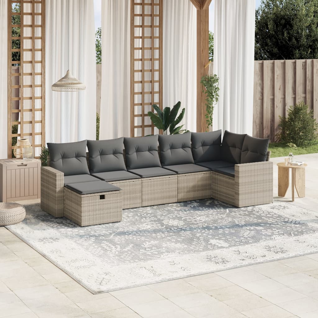 7-tlg. Garten-Sofagarnitur mit Kissen Hellgrau Poly Rattan