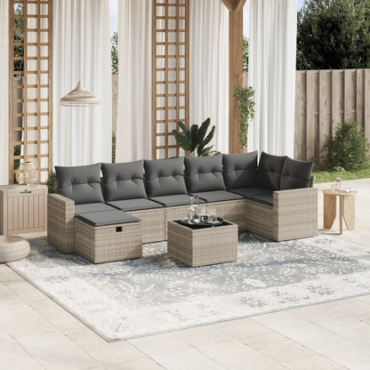 8-tlg. Garten-Sofagarnitur mit Kissen Hellgrau Poly Rattan