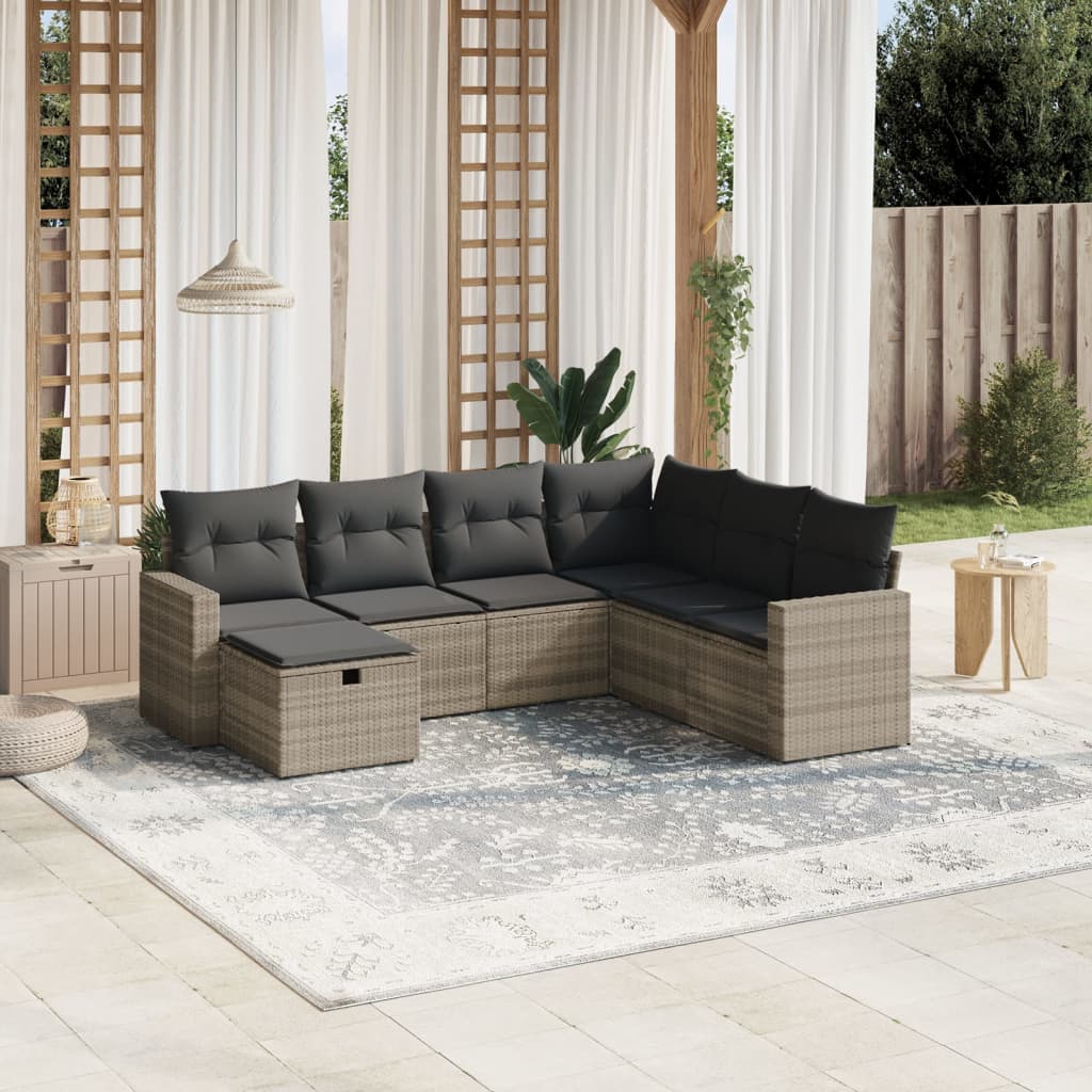 7-tlg. Garten-Sofagarnitur mit Kissen Hellgrau Poly Rattan