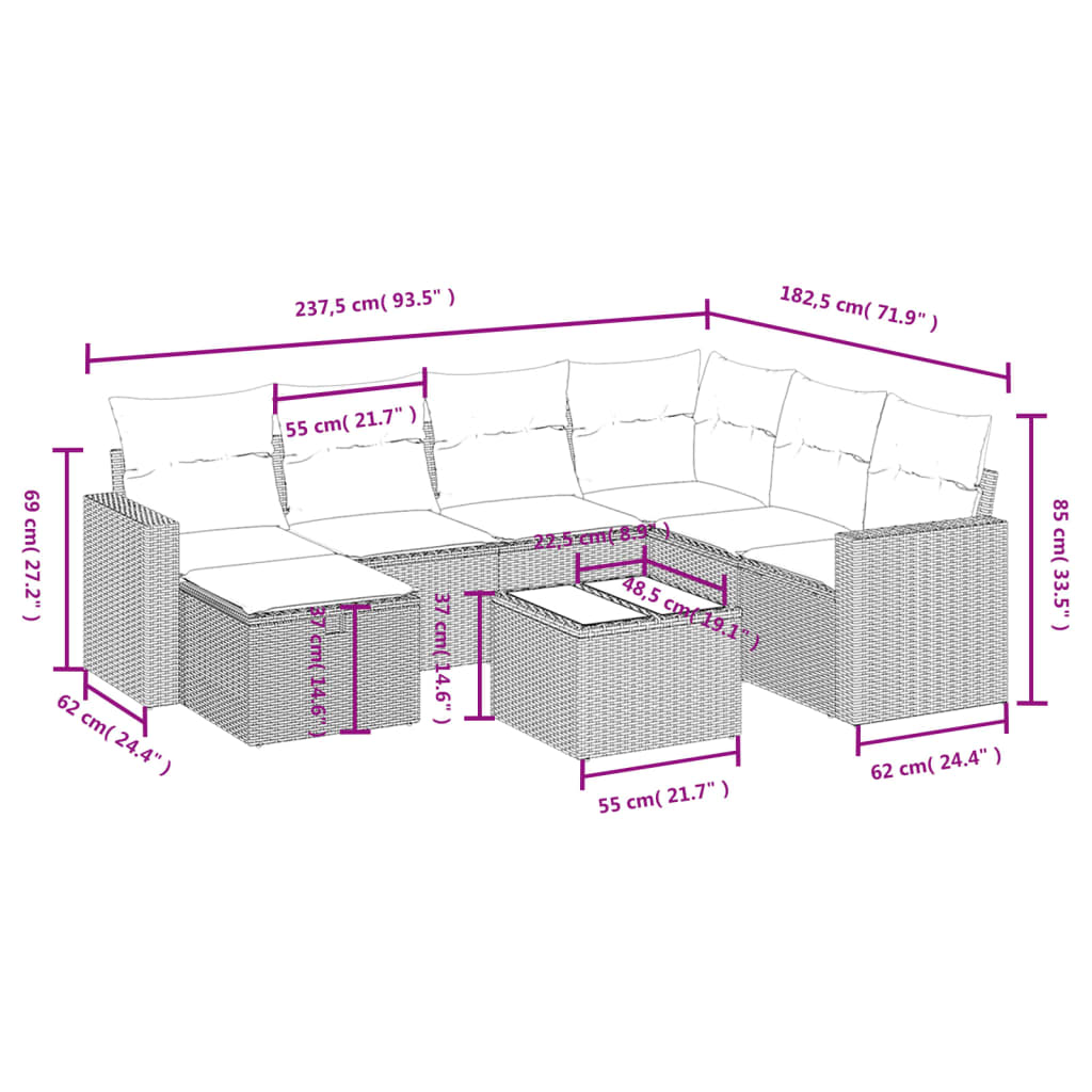 8-tlg. Garten-Sofagarnitur mit Kissen Hellgrau Poly Rattan