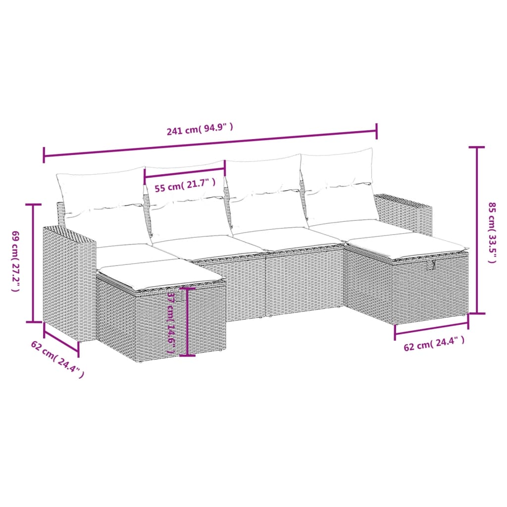 6-tlg. Garten-Sofagarnitur mit Kissen Hellgrau Poly Rattan