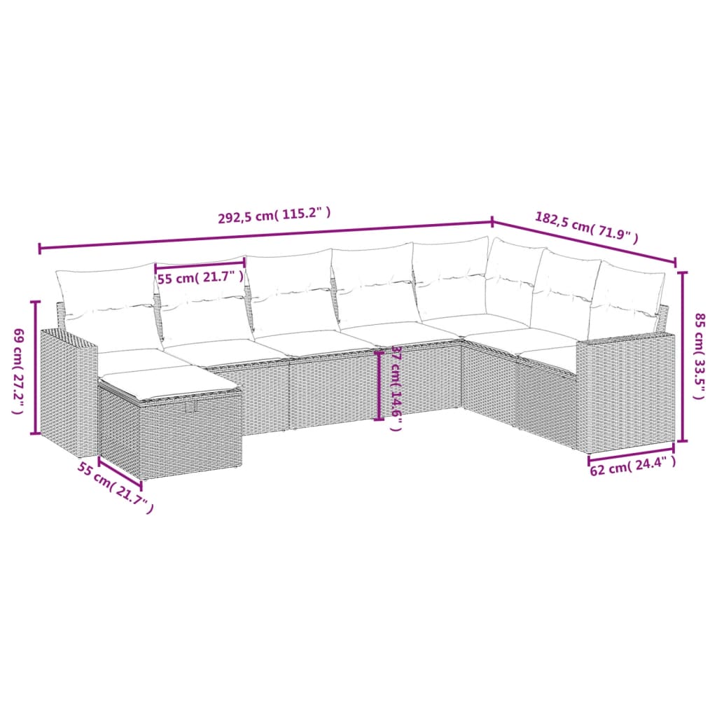 8-tlg. Garten-Sofagarnitur mit Kissen Hellgrau Poly Rattan