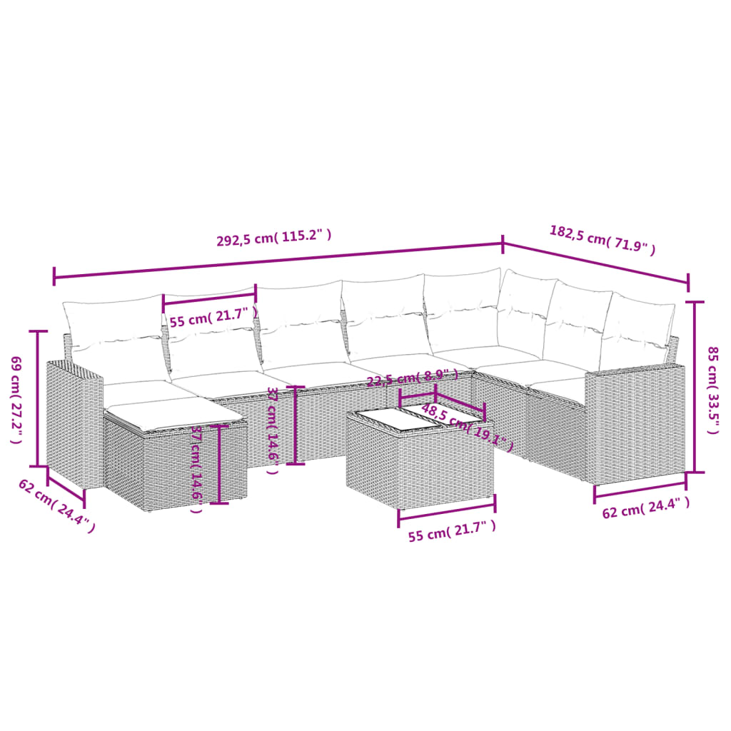 9-tlg. Garten-Sofagarnitur mit Kissen Hellgrau Poly Rattan