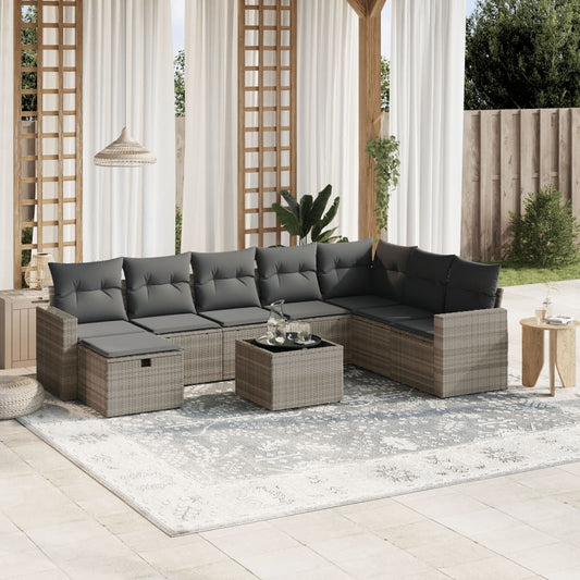 9-tlg. Garten-Sofagarnitur mit Kissen Hellgrau Poly Rattan