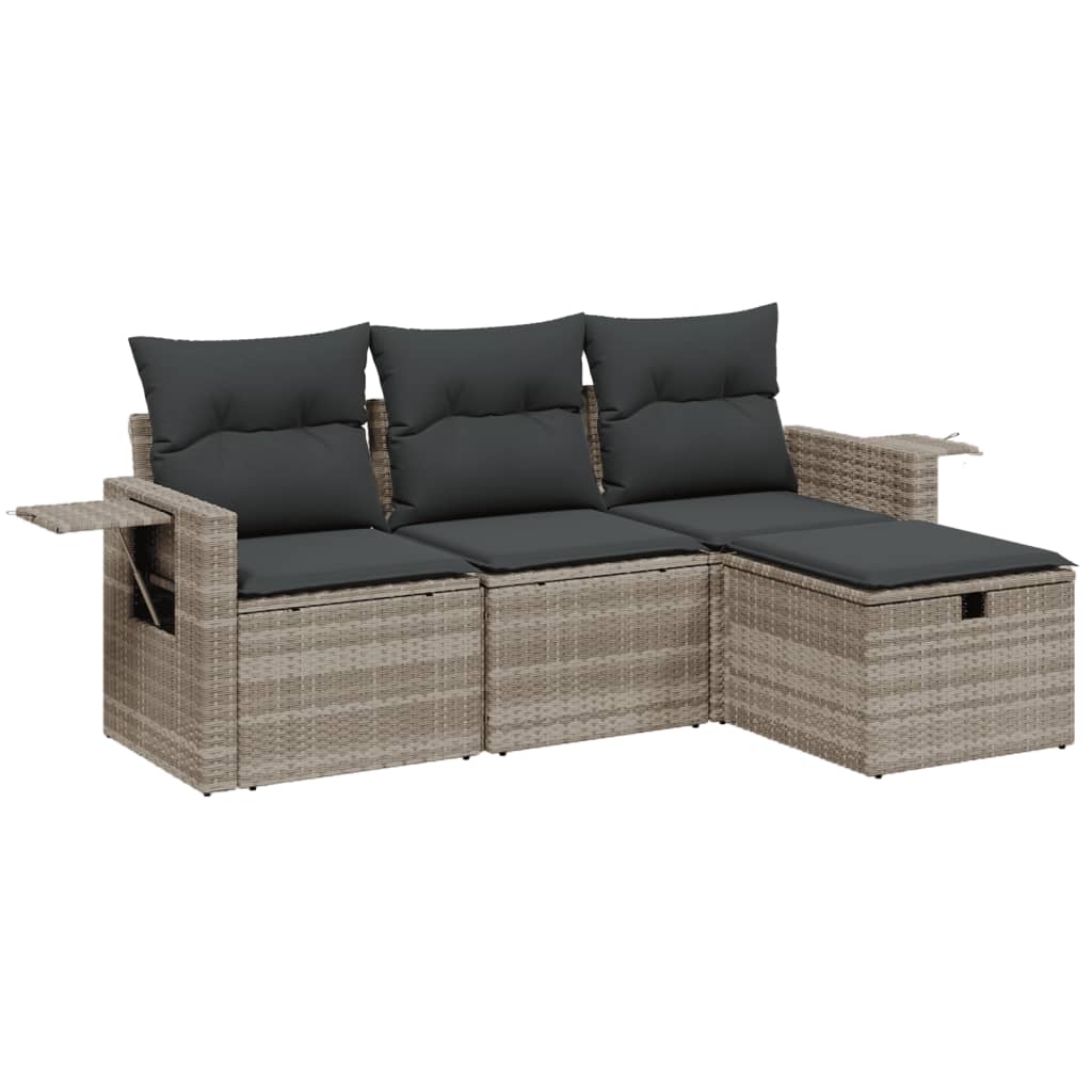 4-tlg. Garten-Sofagarnitur mit Kissen Hellgrau Poly Rattan