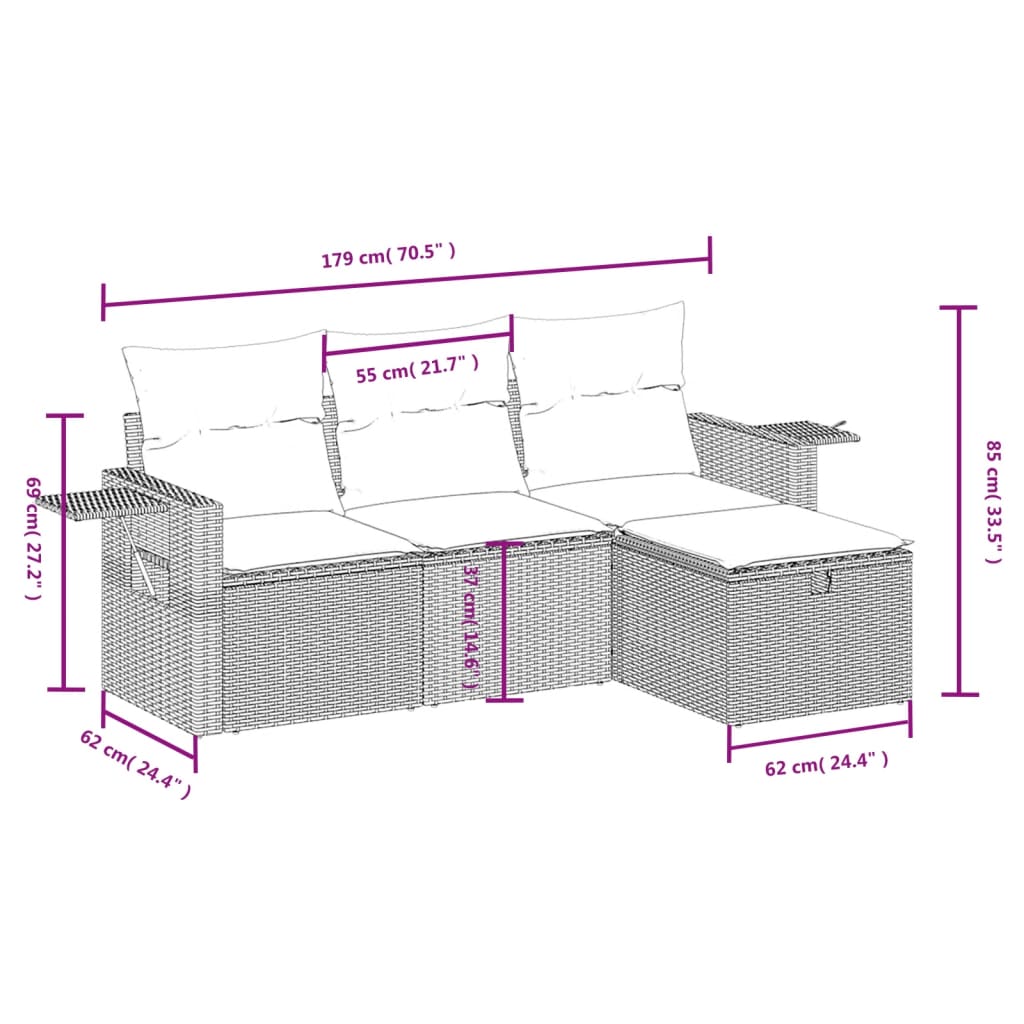 4-tlg. Garten-Sofagarnitur mit Kissen Hellgrau Poly Rattan