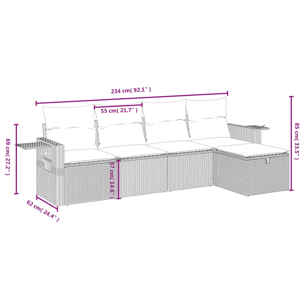 5-tlg. Garten-Sofagarnitur mit Kissen Hellgrau Poly Rattan