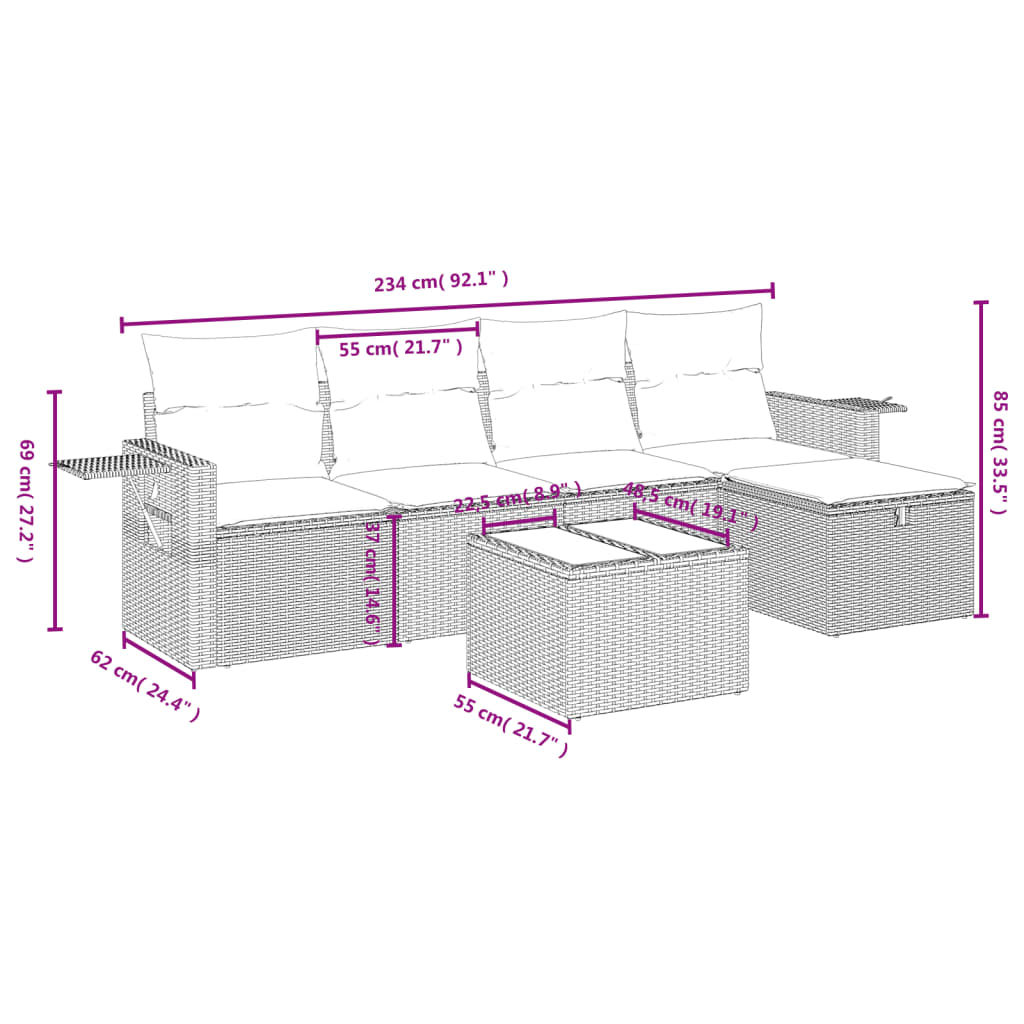 6-tlg. Garten-Sofagarnitur mit Kissen Hellgrau Poly Rattan