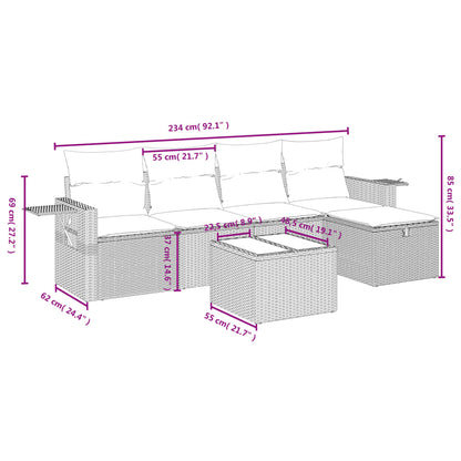 6-tlg. Garten-Sofagarnitur mit Kissen Hellgrau Poly Rattan