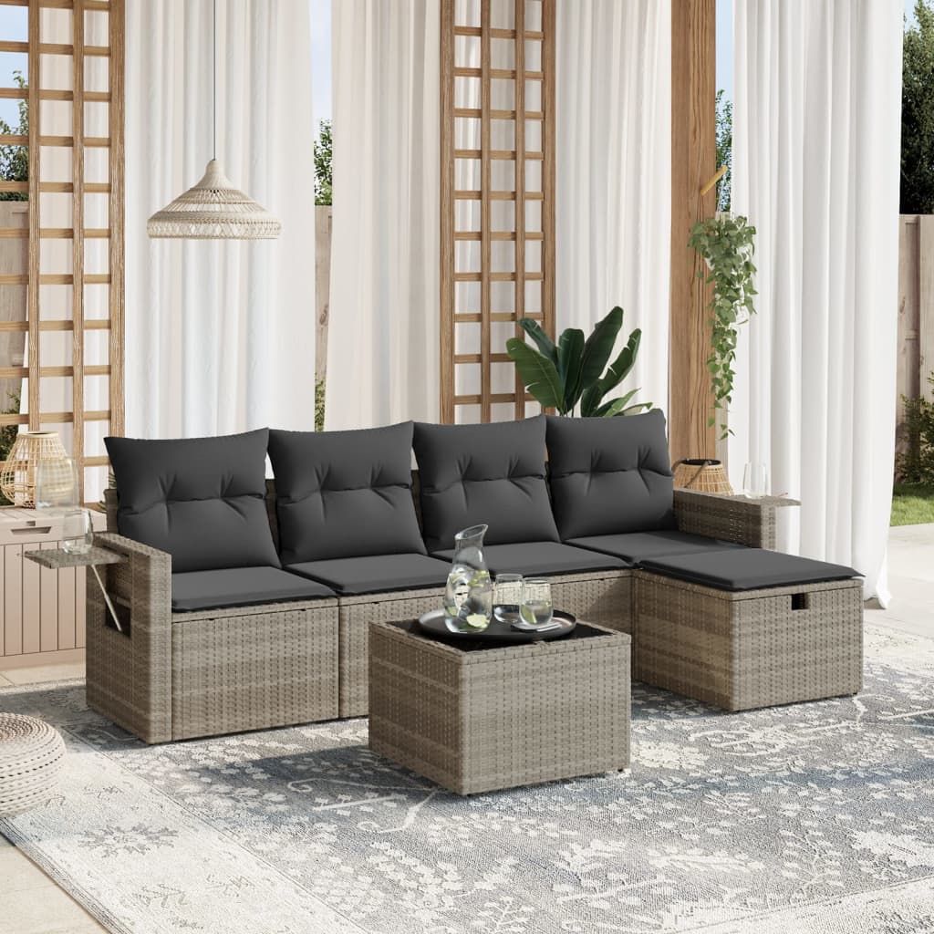 6-tlg. Garten-Sofagarnitur mit Kissen Hellgrau Poly Rattan