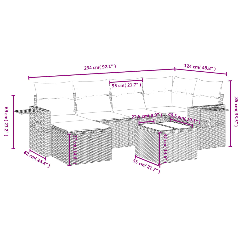 7-tlg. Garten-Sofagarnitur mit Kissen Hellgrau Poly Rattan