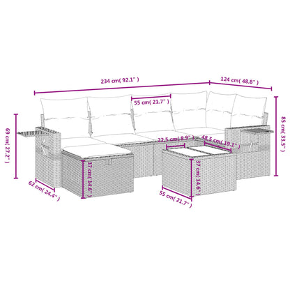 7-tlg. Garten-Sofagarnitur mit Kissen Hellgrau Poly Rattan