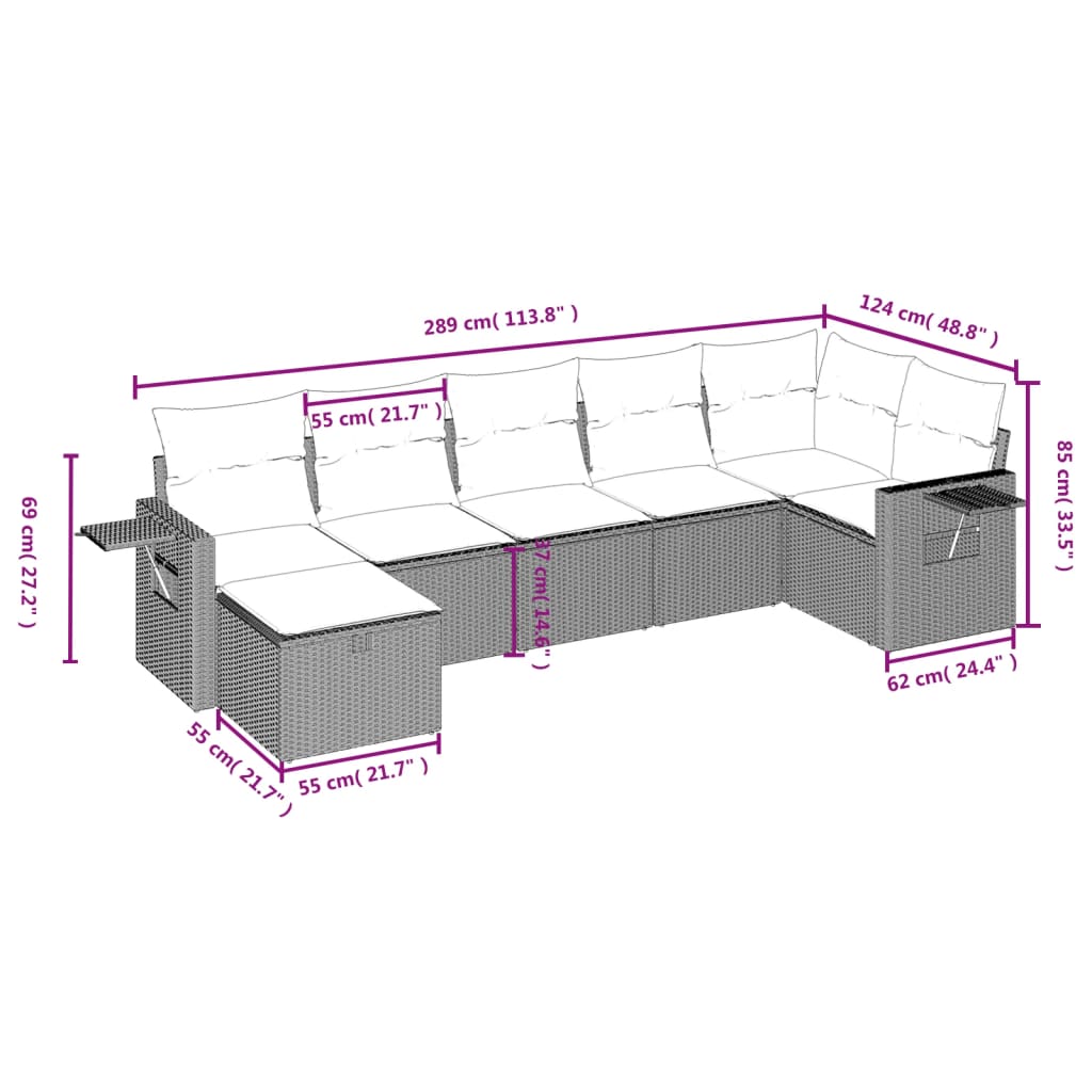 7-tlg. Garten-Sofagarnitur mit Kissen Hellgrau Poly Rattan