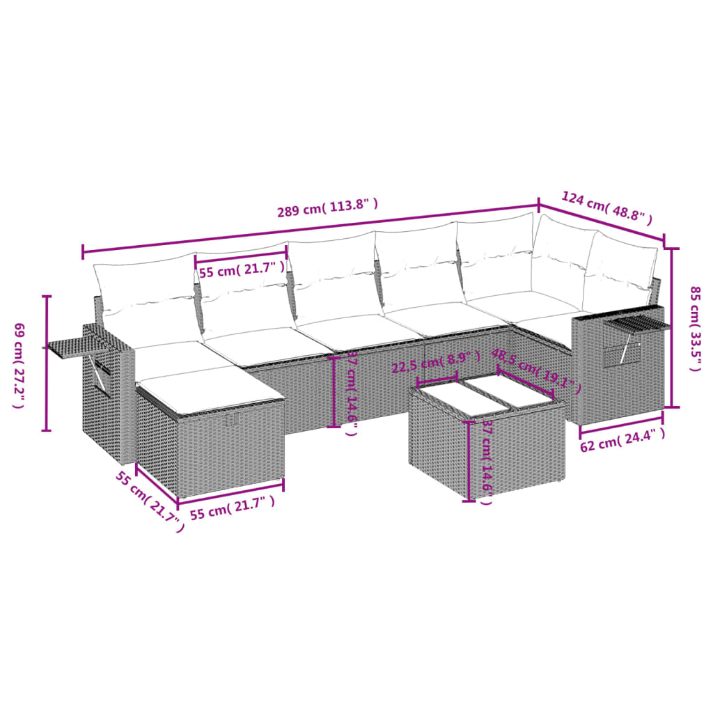 8-tlg. Garten-Sofagarnitur mit Kissen Hellgrau Poly Rattan