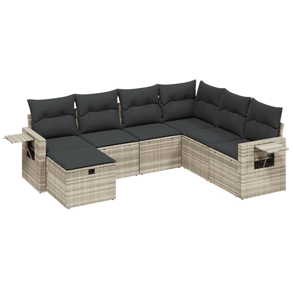 7-tlg. Garten-Sofagarnitur mit Kissen Hellgrau Poly Rattan