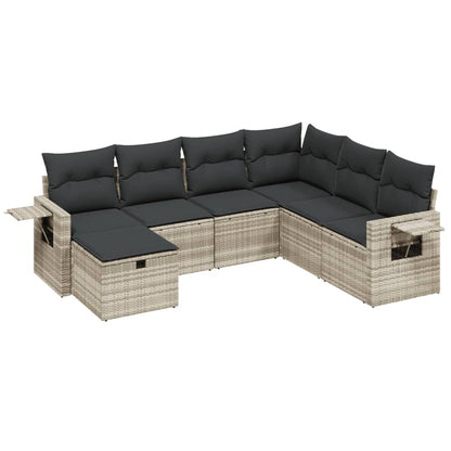 7-tlg. Garten-Sofagarnitur mit Kissen Hellgrau Poly Rattan