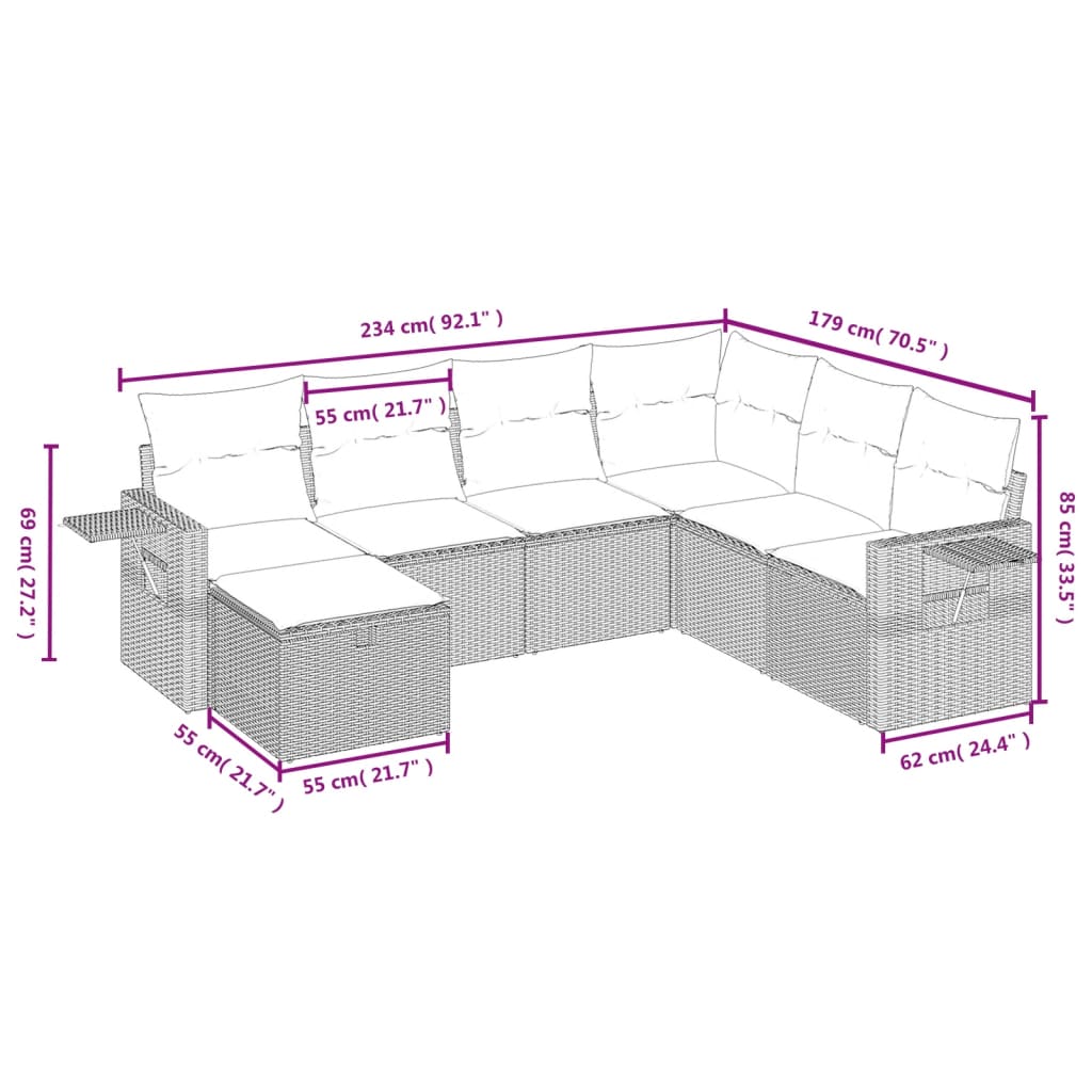 7-tlg. Garten-Sofagarnitur mit Kissen Hellgrau Poly Rattan