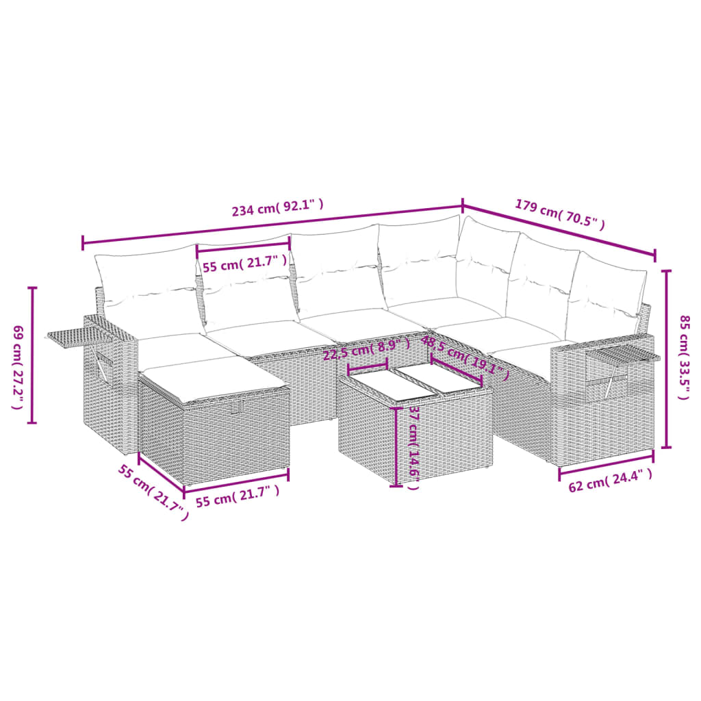 8-tlg. Garten-Sofagarnitur mit Kissen Hellgrau Poly Rattan