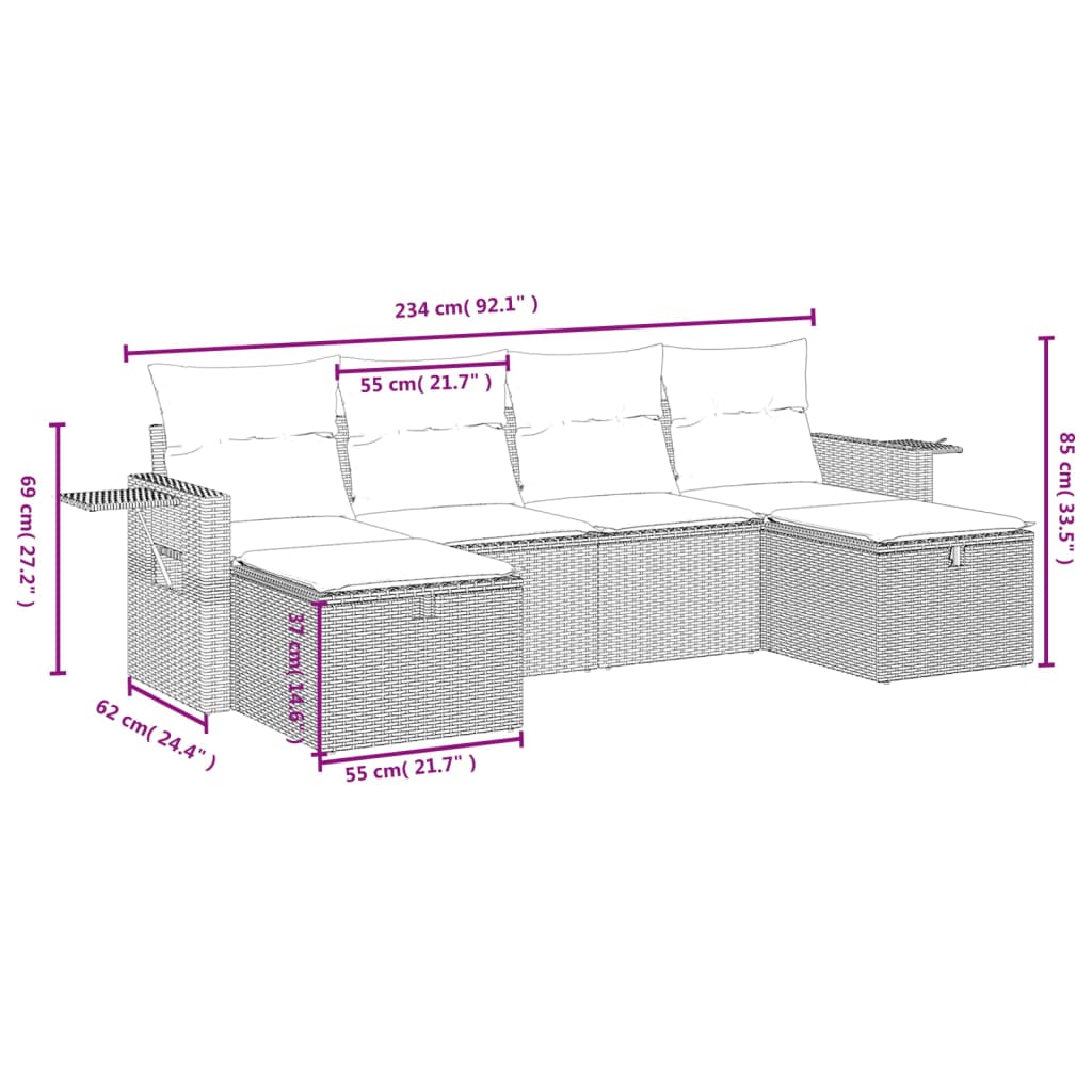 6-tlg. Garten-Sofagarnitur mit Kissen Hellgrau Poly Rattan