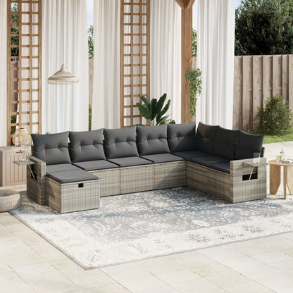 8-tlg. Garten-Sofagarnitur mit Kissen Hellgrau Poly Rattan