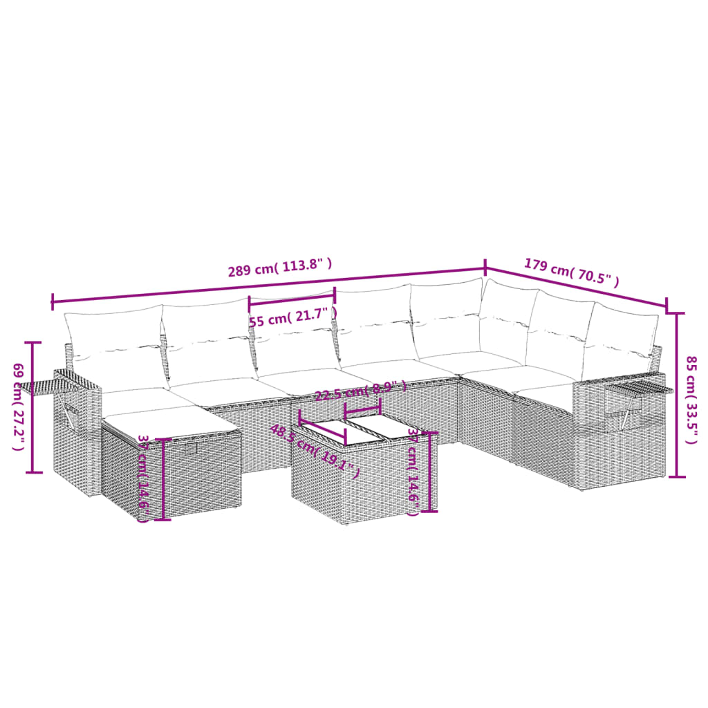 9-tlg. Garten-Sofagarnitur mit Kissen Hellgrau Poly Rattan