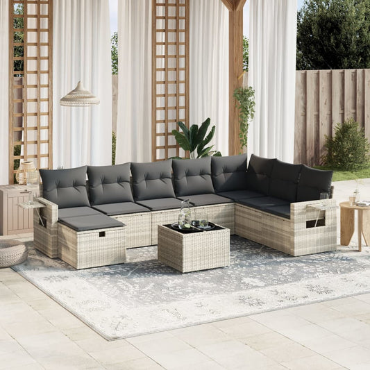 9-tlg. Garten-Sofagarnitur mit Kissen Hellgrau Poly Rattan