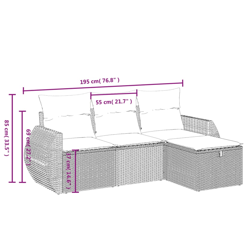 4-tlg. Garten-Sofagarnitur mit Kissen Hellgrau Poly Rattan