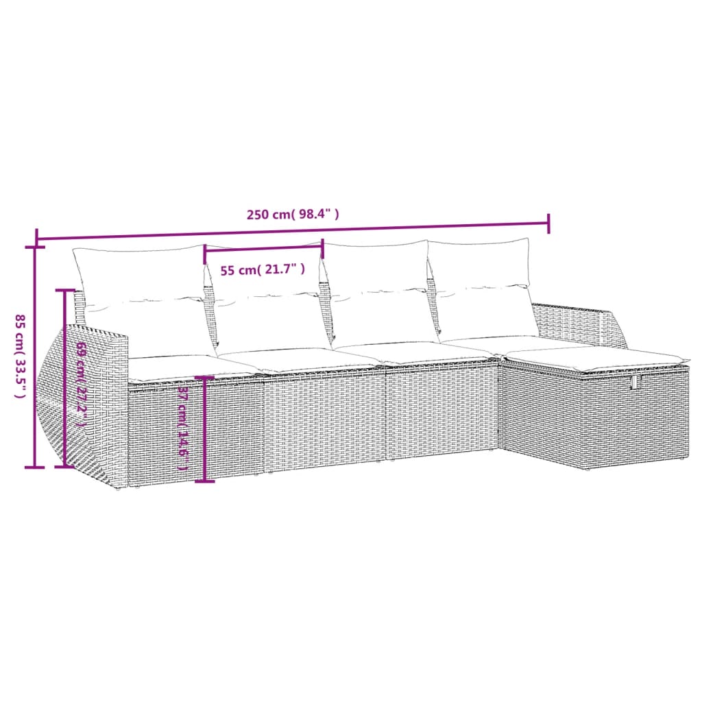 5-tlg. Garten-Sofagarnitur mit Kissen Hellgrau Poly Rattan